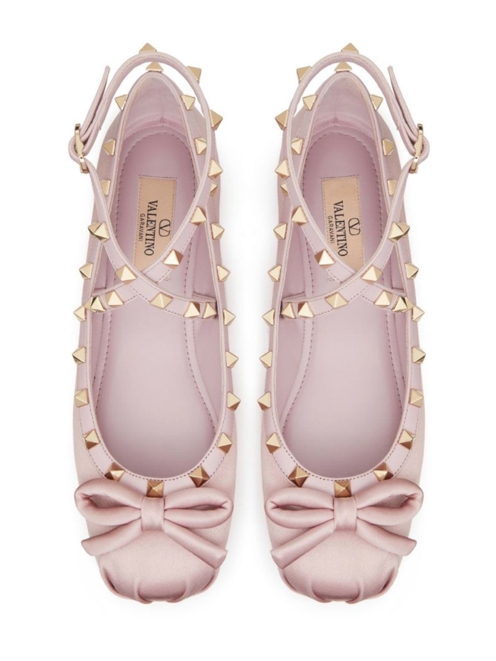 Valentino Garavani Blush Pink Satin Bow Rockstud Ballet Flats
